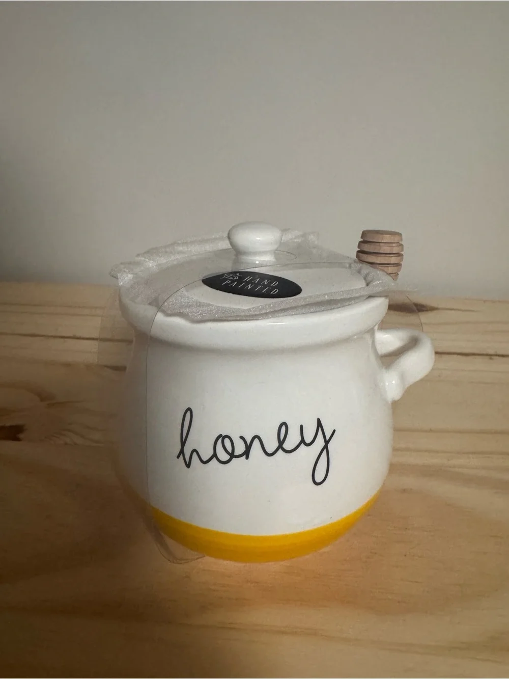 Hand-Painted Ceramic Honey Jar with Lid & Dipper — White with Yellow Accent